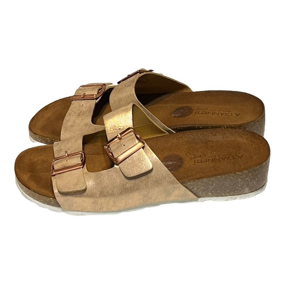 A. Giannetti Rose Gold Pin Buckle Leather Cork Slides Sz 10 Trendy Summer Sandal - Picture 2 of 8